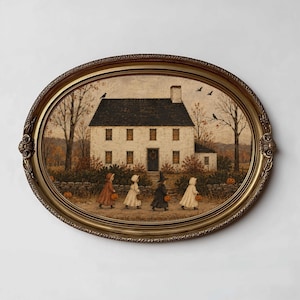 May include: An oval framed wall art piece featuring a painting of a white two-story house with a dark roof. Four figures in cloaks and bonnets walk in a line carrying small orange pumpkins. Bare trees, a stone wall, and black birds are visible.
