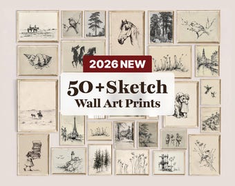 50+ Vintage Sketch Prints Set, Antique Pencil Drawing Wall Art (Digital Download)