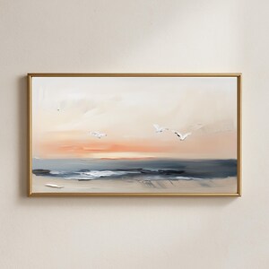 Abstract Sunset Coastal Oil Painting, Birds, Samsung Frame TV Art (Digital Download)