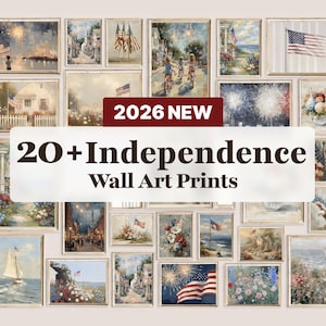 Può includere: Una collezione di stampe artistiche da parete incorniciate con temi patriottici. Le stampe presentano scene di fuochi d'artificio, bandiere americane e paesaggi costieri. Il testo "2026 NEW" e "20+ Independence Wall Art Prints" è visibile.