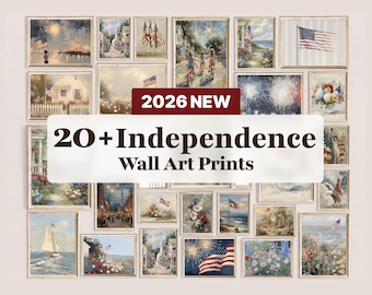 May include: A collection of framed wall art prints with patriotic themes. The prints feature scenes of fireworks, American flags, and coastal landscapes. The text "2026 NEW" and "20+ Independence Wall Art Prints" are displayed.