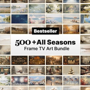 Könnte beinhalten: Eine digitale Sammlung von über 500 Kunstwerken im Querformat für Fernsehbildschirme, die verschiedene saisonale Szenen zeigen, darunter herbstliche Wälder, winterliche Schneelandschaften, Halloween-Motive und sommerliche Strände.