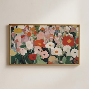Abstrakt blommig TV-konst, modern botanisk målning, livfull väggdekoration (digital nedladdning)