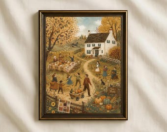 Cozy Autumn Farmhouse Print, Vintage Thanksgiving Family Harvest Scene (Digital Download)