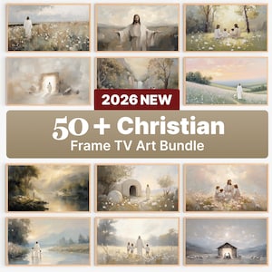 May include: A collection of framed Christian art prints. The prints feature serene landscapes, figures in white robes, and scenes of faith. The text "2026 NEW" and "50 + Christian Frame TV Art Bundle" are displayed.