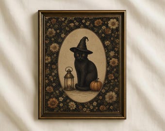 Affiche vintage d'Halloween avec chat noir, chapeau de sorcière gothique à fleurs, art mural, téléchargement numérique cottagecore effrayant