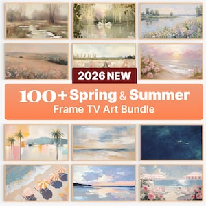 Può includere: Una collezione di stampe artistiche incorniciate con scene di paesaggi e spiagge. L'arte presenta colori tenui, tra cui blu, rosa e verdi, con immagini di alberi, acqua e fiori. Il testo "2026 NEW" e "100+ Spring & Summer Frame TV Art Bundle" sono visibili.
