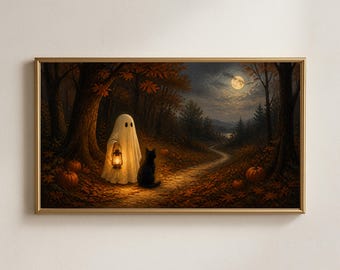Cadre photo « Chat noir fantôme » pour téléviseur, ambiance forêt d'Halloween vintage, téléchargement pour téléviseur Samsung.