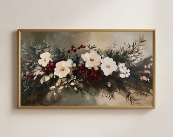 Peinture florale hivernale vintage, oeuvre d'art télévisée Dark Moody (téléchargement numérique)