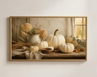 Cadre photo mural citrouille blanche, décoration automnale neutre de style ferme, nature morte automnale cottagecore, téléchargement numérique pour téléviseur Samsung