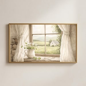 Puede incluir: Pintura enmarcada que representa una serena escena campestre. Una jarra blanca con flores se encuentra en un alféizar, enmarcada por una ventana con cortinas transparentes. La vista exterior muestra una casa blanca en un campo verde.