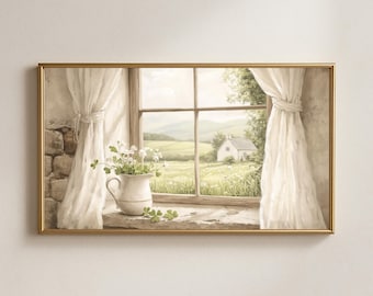 Puede incluir: Pintura enmarcada que representa una serena escena campestre. Una jarra blanca con flores se encuentra en un alféizar, enmarcada por una ventana con cortinas transparentes. La vista exterior muestra una casa blanca en un campo verde.
