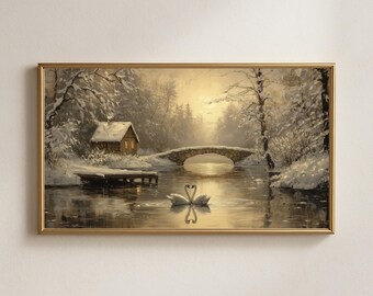 Art romantique en hiver du lac des cygnes, scène de cabine confortable, reflet de la lumière dorée (téléchargement numérique)
