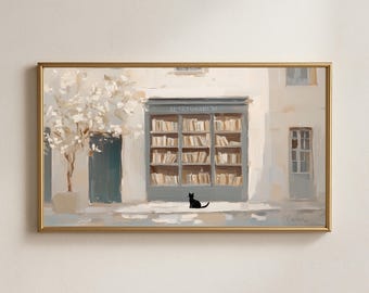 Art de chat de librairie vintage - Scène de rue européenne, téléviseur Samsung Frame (téléchargement numérique)