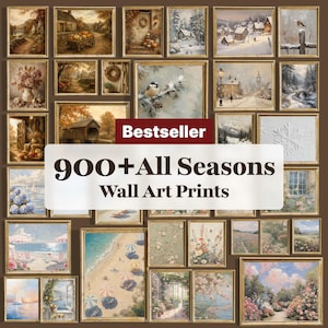 Könnte beinhalten: Eine Sammlung von Wandkunstdrucken mit verschiedenen saisonalen Landschaften, darunter herbstliche Ernteszenen, winterliche Schneelandschaften, Frühlingsgärten und Sommerstrände, mit dem Text Bestseller 900+ All Seasons Wall Art Prints.