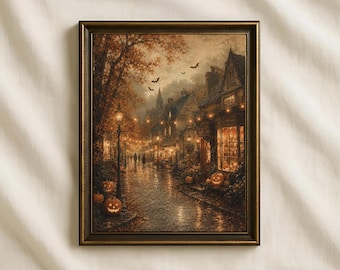 impression de village d'Halloween vintage, art de rue citrouille confortable, décoration gothique de ville d'automne (téléchargement numérique)