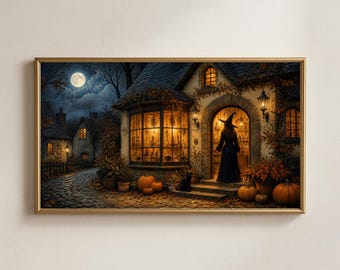 Illustration vintage d'une boutique de sorcières pour Halloween (téléchargement numérique) : maison d'apothicaire, chat noir.