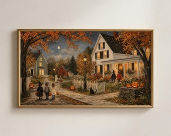 Illustrations d'un village d'Halloween, enfants déguisés en animaux, place du village vintage (Téléchargement numérique)