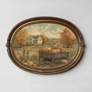 Vintage Pumpkin Wagon Print, Autumn Farmhouse Landscape, Rustic Harvest Decor (Digital Download)