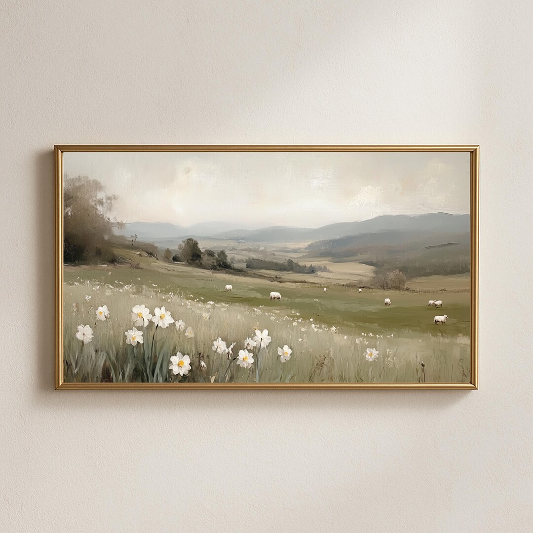 Vintage Sheep Meadow Landscape Printable Wall Art, Pastoral Farm ...