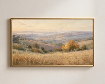 Cadre photo mural pour téléviseur, paysage d'automne neutre, peinture pastel d'une prairie champêtre, téléchargement numérique pour téléviseur Samsung