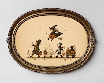 impression vintage défilé d'Halloween, art de chat noir squelette sorcière fantôme (téléchargement numérique)