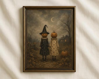 Affiche murale imprimable Tête de citrouille pour Halloween, style Jack O'Lantern vintage, décoration gothique effrayante, art cottagecore macabre