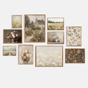 May include: A collection of framed art prints featuring floral and landscape paintings. The artwork includes images of flowers, fields, and a cottage, all in a vintage style with warm, muted colors. The frames are a warm wood tone.