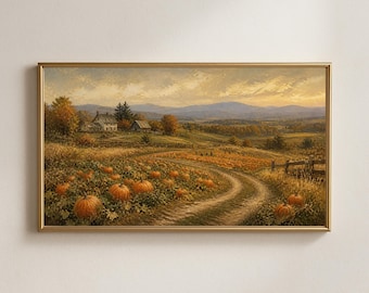 Cadre photo pour téléviseur Samsung, motif « Récolte de citrouilles », paysage automnal champêtre, téléchargement numérique.