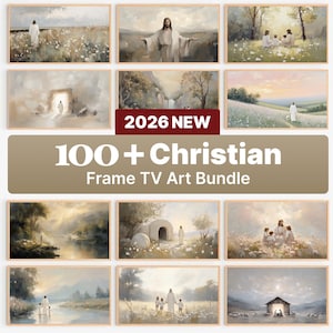 May include: A collection of framed Christian art prints. The prints feature serene landscapes, figures in white robes, and scenes of faith. The text "2026 NEW" and "100+ Christian Frame TV Art Bundle" are displayed.