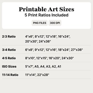 May include: A cream-colored graphic with the text "Printable Art Sizes" and "5 Print Ratios Included." It lists print sizes in inches for 2:3, 3:4, 4:5, ISO, and 11:14 ratios, including 4"x6", 8"x12", and 24"x36".