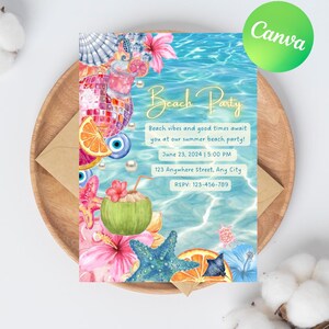 May include: A vibrant beach party invitation with a watercolour design. The invitation features a blue water background, tropical flowers, a disco ball, and the text "Beach Party". The date and time are included.