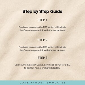 May include: A beige digital guide titled "Step by Step Guide" with instructions for using a Canva template. The guide outlines steps for purchasing, downloading, and editing the template. The bottom of the guide includes the text "LOVE FINDS TEMPLATES."
