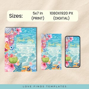 May include: Beach party invitation design with a watercolour theme. The invitation features a turquoise water background, tropical flowers, starfish, and coconuts. The text reads "Beach Party" and includes event details. Available in print and digital sizes.
