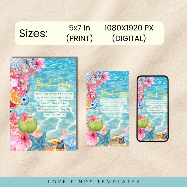 May include: Beach party invitation design with a watercolour theme. The invitation features a turquoise water background, tropical flowers, starfish, and coconuts. The text reads "Beach Party" and includes event details. Available in print and digital sizes.