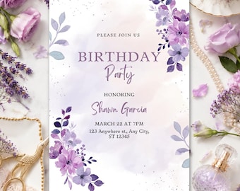 Floral Birthday Invitation | Purple Birthday Party Invite | Elegant Birthday Invite | Editable Digital Canva Template