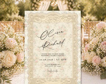 Vintage Wedding Invitation Template Digital | Lace Floral Wedding Invite | Romantic Wedding Invitation | Editable Canva Template