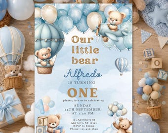 Teddy Bear First Birthday Invitation | Beary First Birthday Invite | Little Bear Birthday Party Invite | Editable Digital Canva Template