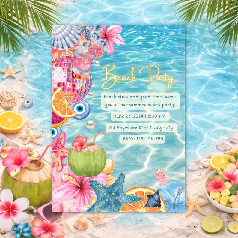 May include: A beach party invitation with a watercolour design. The invitation features the text "Beach Party" in a script font, along with event details. The design includes tropical elements like coconuts, starfish, and flowers, set against a backdrop of water and sand.