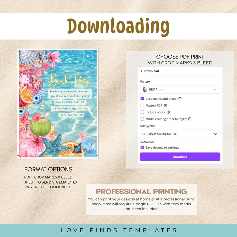 May include: Digital beach party invitation with a watercolour design. It features tropical elements, including a coconut, starfish, and flowers. The invitation includes the text "Beach Party" and event details.