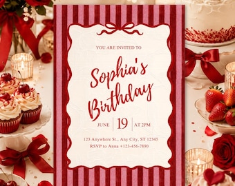 Coquette Birthday Invitation | Parisian Birthday Party Invite | Cherry Red Birthday Invitation | Editable Digital Canva Template