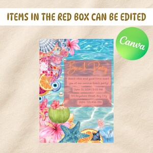 May include: A vibrant beach party invitation featuring watercolor illustrations of a disco ball, flowers, and a coconut. The invitation includes the text "Beach Party" and event details. The Canva logo is in the upper right corner.