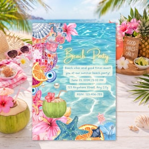 Può includere: Un invito a una festa in spiaggia con un design ad acquerello. L'invito presenta il testo "Beach Party" e i dettagli dell'evento. Gli elementi decorativi includono una palla da discoteca, stelle marine e fiori tropicali.
