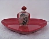 Antique, Vintage, Glass, Snuff Bottle, Chinese, Carved, Red Glass Overlay, Reverse Painted, Snuff Bottle, Cork, Spoon