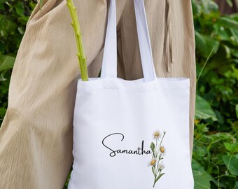 Custom Birth Flower Tote Bag with Name, Personalized Bridesmaid Gifts, Floral Canvas Shoulder Bag for Women, Bachelorette Party Gift Tote