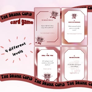 Pode incluir: Jogo de cartas The Drunk Cupid com quatro níveis diferentes. O jogo apresenta cartas com perguntas e desafios. As cartas têm um fundo rosa com texto e ilustrações marrons. O título do jogo está em uma faixa vermelha escura.