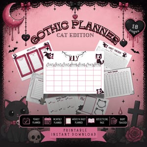 Gothic Cute Planner Bundle, Cat Witchy Pink & Black Reusable Undated Monthly, Weekly, Daily Planner, Habit Tracker, To‑Do List, Reflections