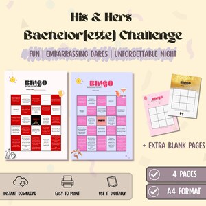Pode incluir: Um conjunto de jogos de despedida de solteira para impressão com o texto "His & Hers Bachelor(ette) Challenge". O conjunto inclui cartelas de bingo em vermelho e rosa, com páginas em branco adicionais. O texto "Download instantâneo", "Fácil de imprimir" e "Use digitalmente" também é visível.