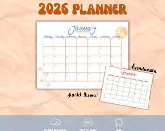 2026 Handwritten Digital Planner | Seasonal Illustrated Calendar | Monthly Productivity Organizer with Themed pages