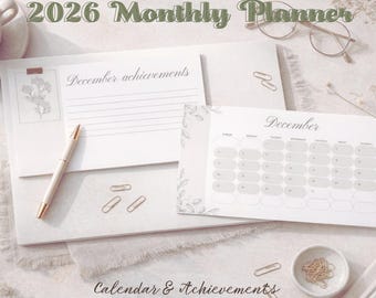 2026 Minimalist Monthly Planner, Calendar & Monthly Achievements Pages, Printable Planner, Botanical Neutral Design, Clean Calendar 2026